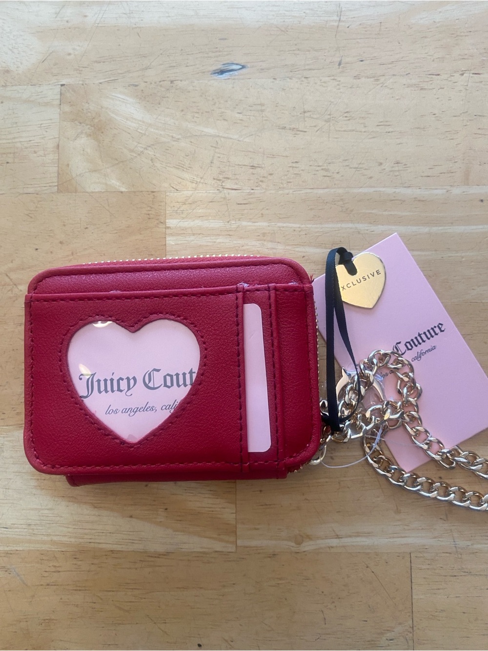 Juicy Couture Red Striped Zip wallet Id Card Holder w Chain & JC charm NWT - Picture 3 of 8